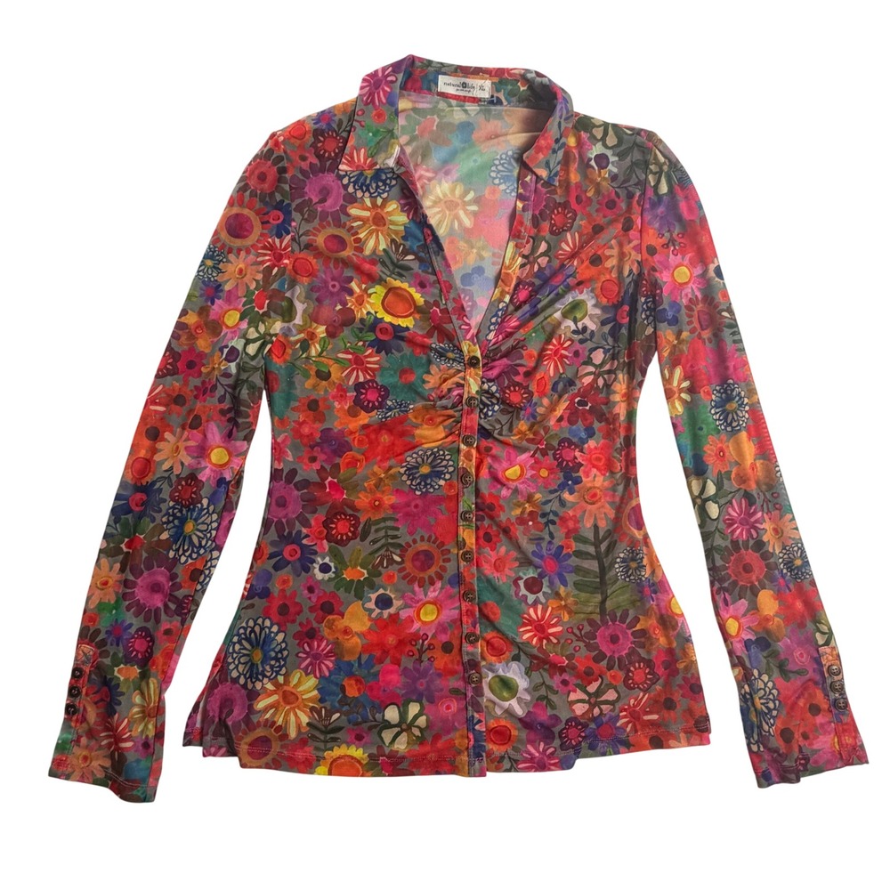 Natural Life Carina Floral Mesh Button Up Shirt Womens XL Boho Sheer